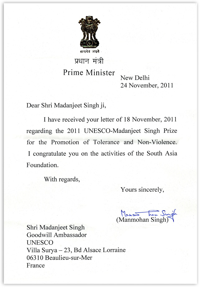 Letter from the Prime Minister of India