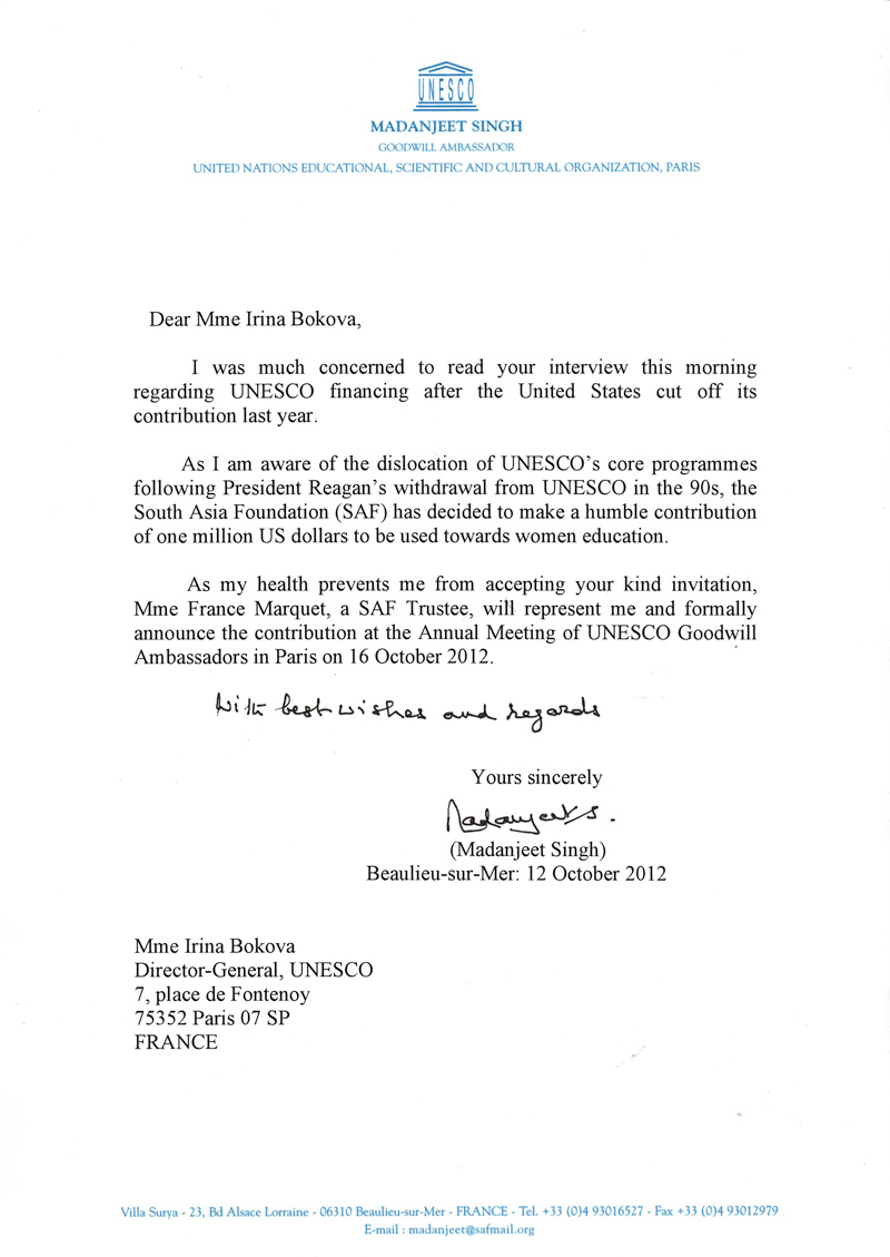 Madanjeet Singh letter to Madam Irina Bokova, Director-General, UNESCO