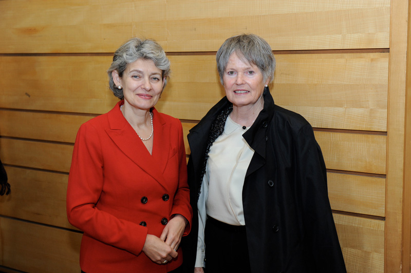 UNESCO' Director General, Madame Irina Bokova with Madame France Marquet, SAF Trustee representing UNESCO Goodwill Ambassador Madanjeet Singh