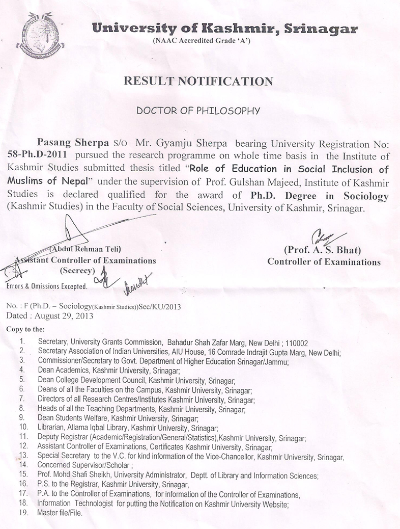 Mr. Pasang Sherpa from Nepal has been awarded Ph.D at UMIKS