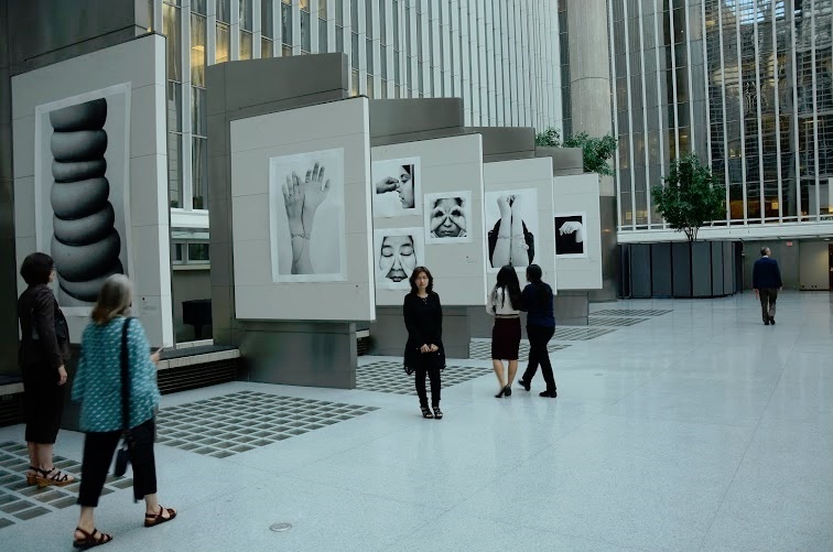 Hanifa Alizada Through the Eyes of a Woman, 2014. Installation view with artist 3rd from L. The World Bank, Washington, D.C.