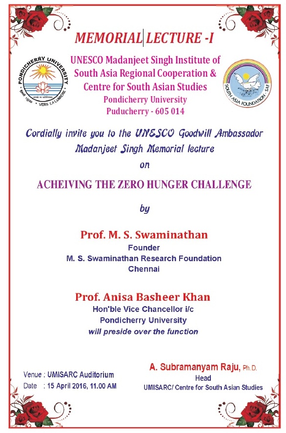 UMISARC Invites to UNESCO Goodwill Amb Singh Memorial Lecture on Achieving The Zero Hunger- Uploaded by SAF-India