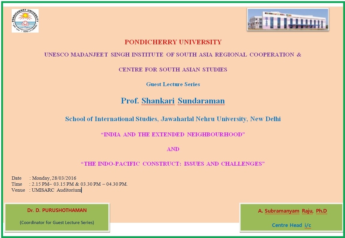 UMISARC Invites -South Asia Foundation for India and the extended Neighbourhood & ' The Indo-Pacific Construct : Issues and Challenges