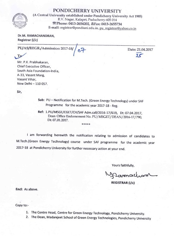 PU- Notification for M.Tech (Green Energy Technology) under SAF Programme for the Academic year 2017-18