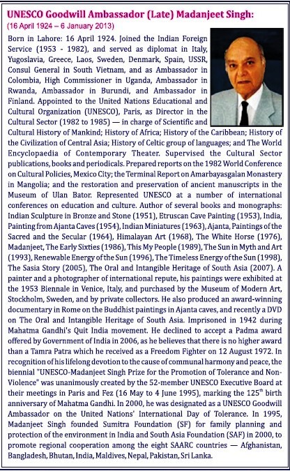 UNESCO Goodwill Ambassador Madanjeet Singh Short Writeup