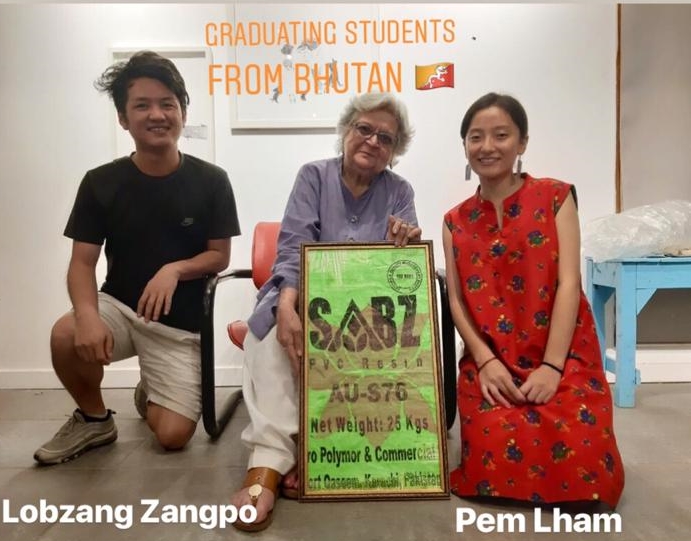 Prof. Salima Hashmi, Chairperson, SAF-Pakistan with UMISAA Scholars Mr. Lobzang Zangpo and Ms. Pem Lham 