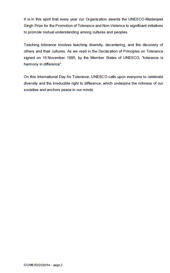 Message from Ms Audrey Azoulay, Director-General of UNESCO, on the occasion of International Day for Tolerance