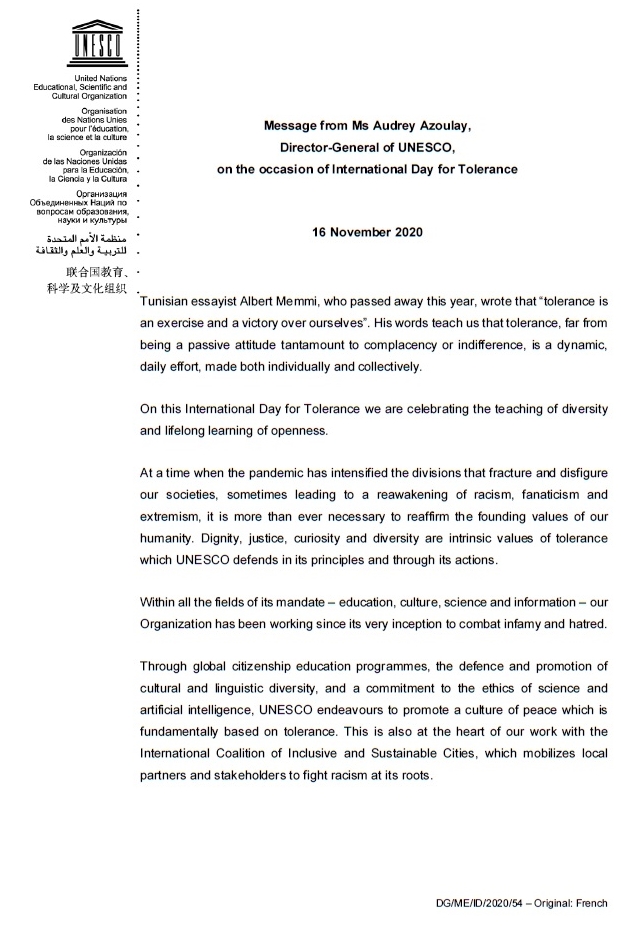 Message from Ms Audrey Azoulay, Director-General of UNESCO, on the occasion of International Day for Tolerance