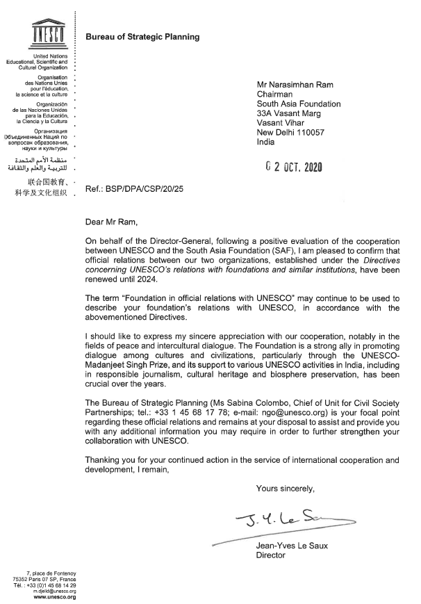 Renewal of South Asia Foundation official relations with UNESCO for another Four-year term 2020-2024