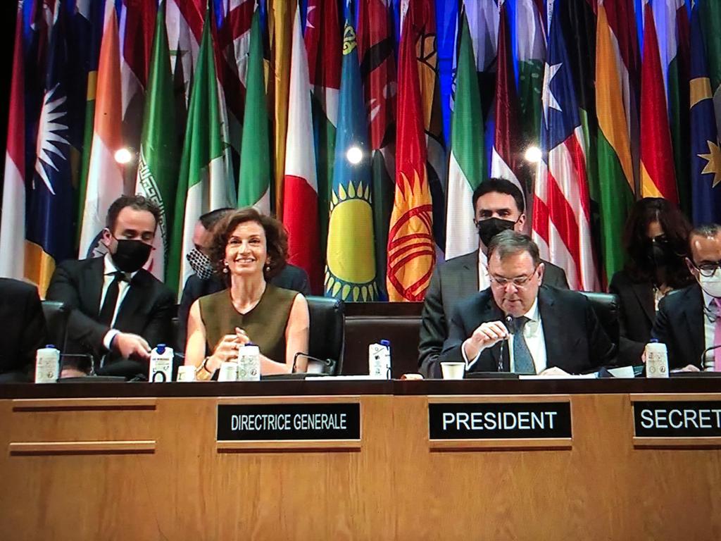 The re elected Mrs Audrey Azoulay as Director General of UNESCO with the new President of tha General Conference Mr Santiago Irazabal Murao