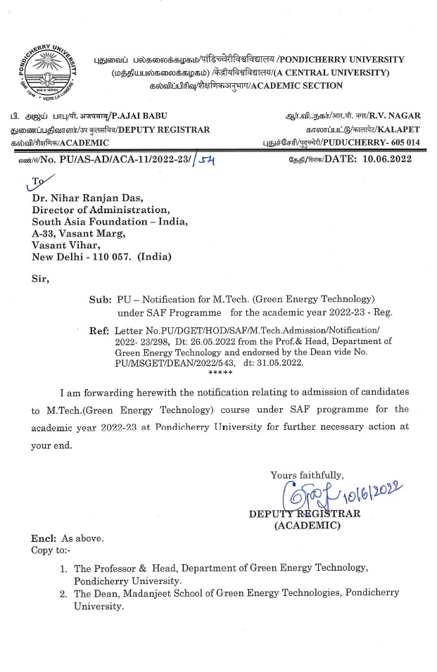 Call for admission to M.Tech in Green Energy Technology programme under South Asia Foundation 
