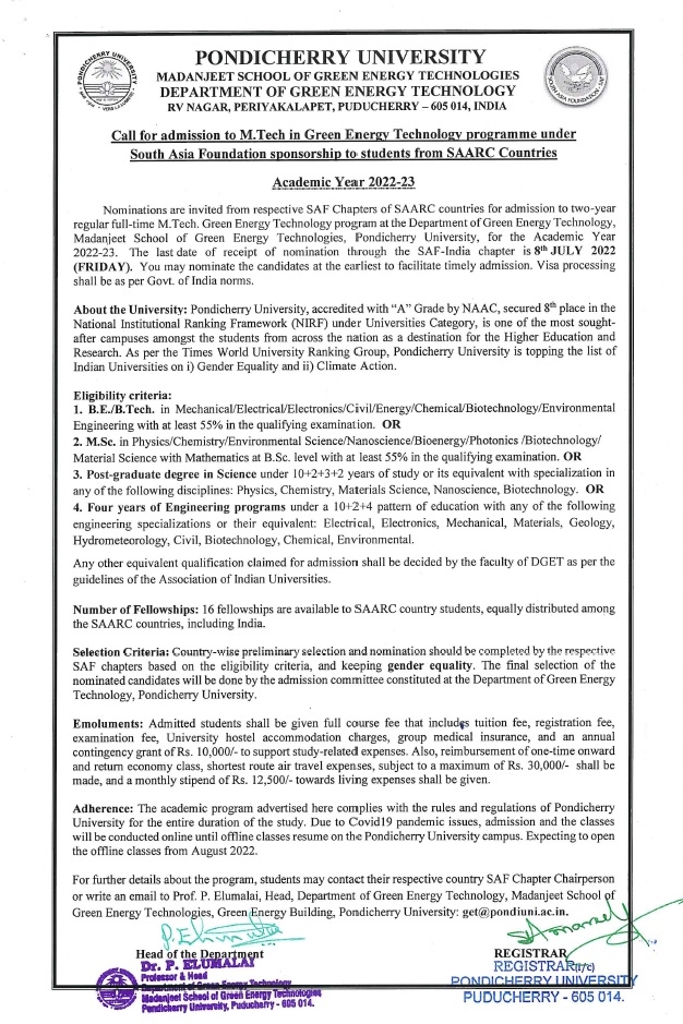 Call for admission to M.Tech in Green Energy Technology programme under South Asia Foundation