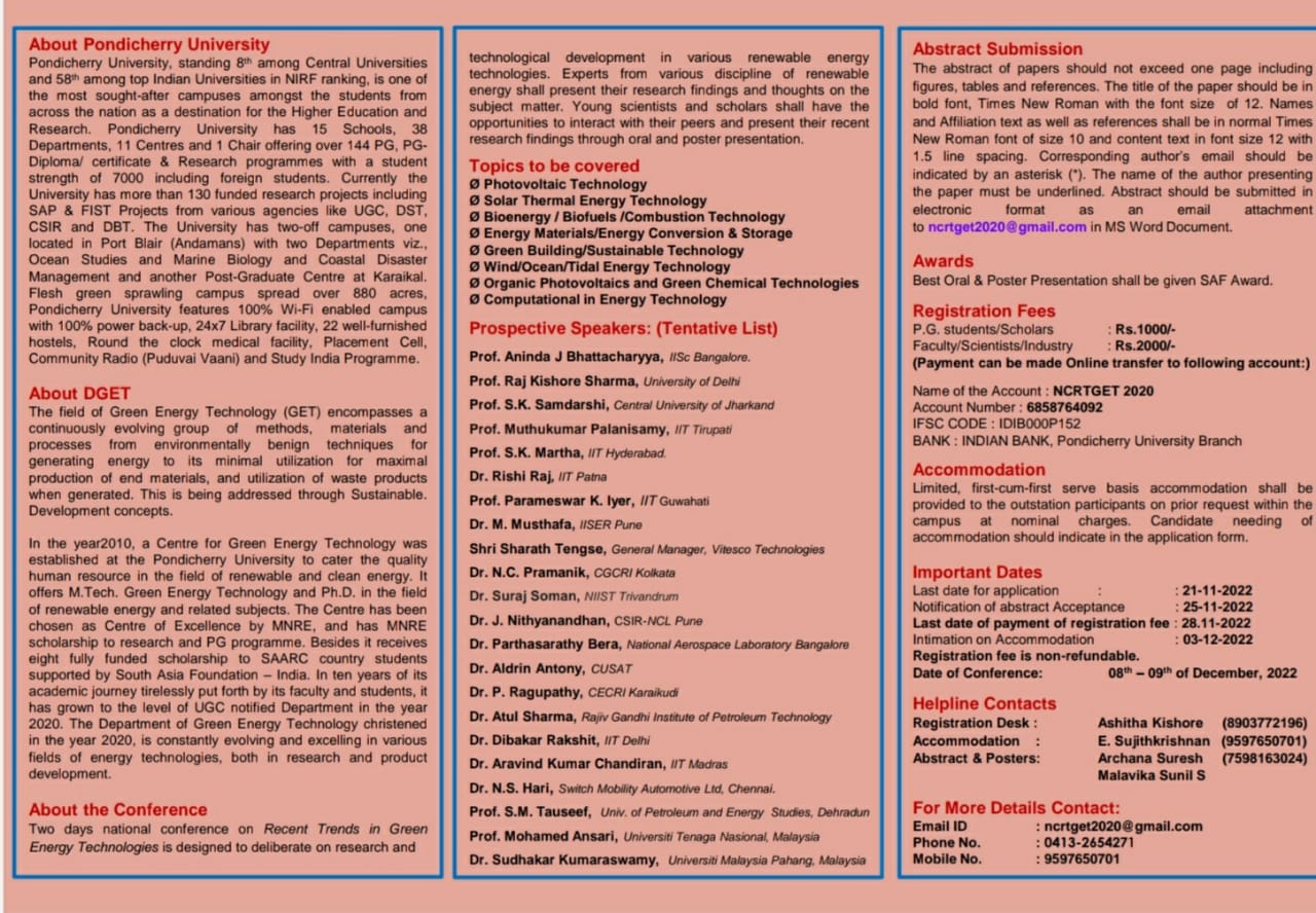 South Asia Foundation Sponsored National Conference on Recent Trends in Green Energy Technologies