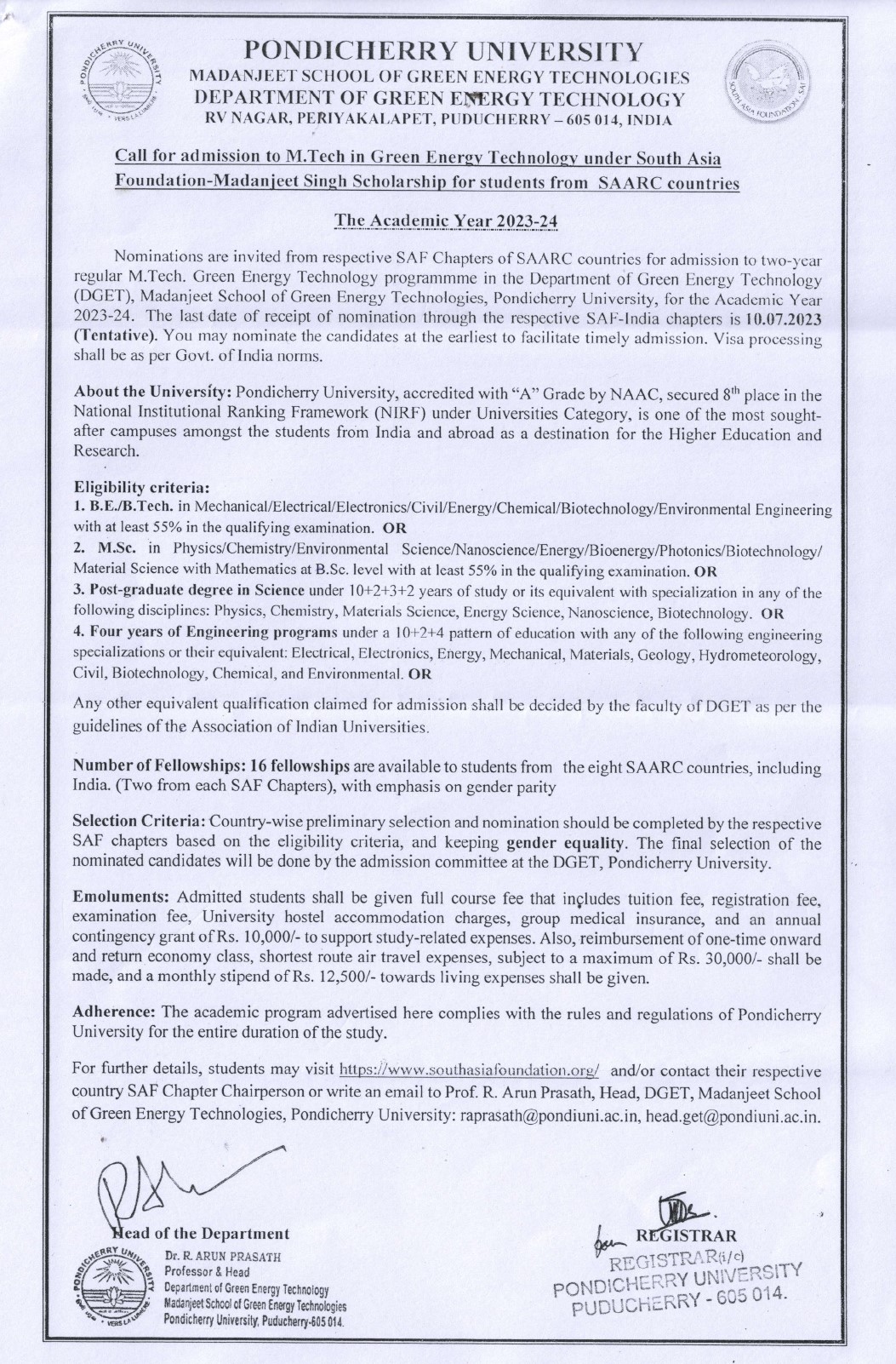 SAF Admission Notification Pondicherry University-AY 2023-24