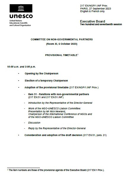 Madam France Marquet's Participation in the Committee on Non-Governmental Partners at the 217th Session of the UNESCO Executive Board