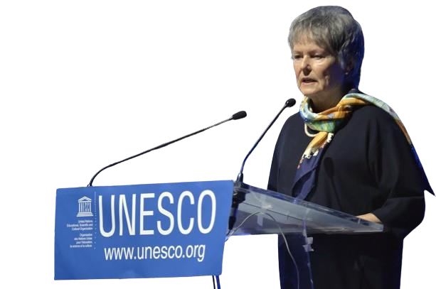 Madam France Marquet, South Asia Foundation Representative to UNESCO and Principal Trustee, Madanjeet Singh Foundation,addressing the gathering during NCGETS 2024