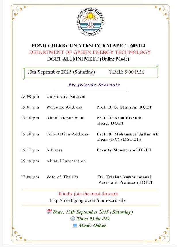 Pondicherry University’s Department of Green Energy Technology to Host Online Alumni Meet 2025